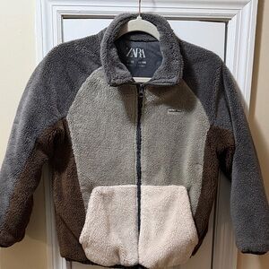 Zara Kids Color Block Fleece Jacket - Gray, Brown, Cream